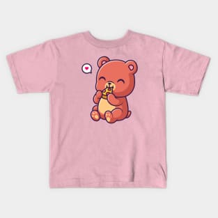 Cute Bear Eating Pizza Cartoon Kids T-Shirt